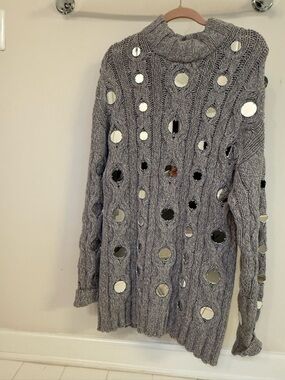 STAUD beehive Gray Cable-Knit Turtleneck Sweater with Mirror Discs